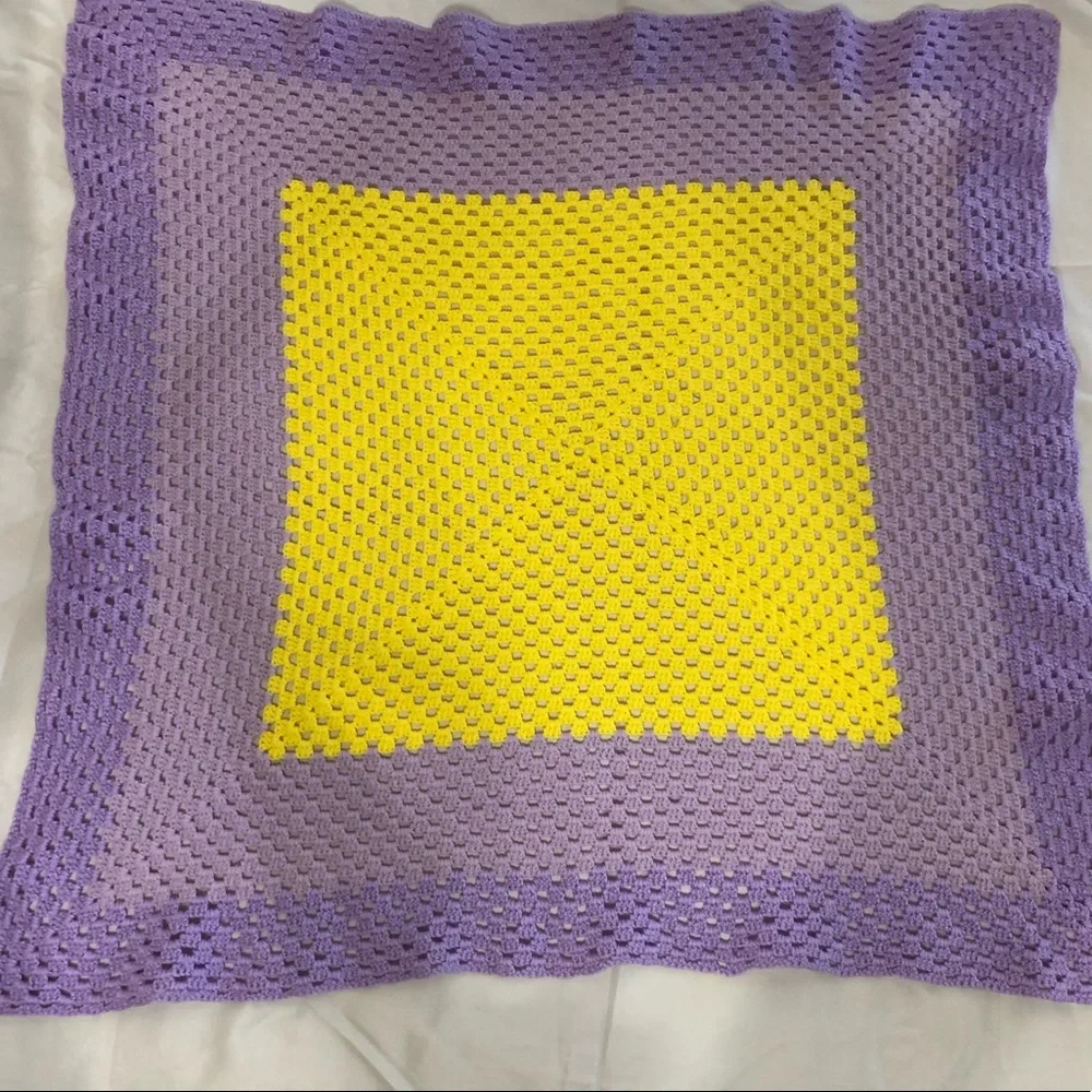 Vintage purple & yellow crocheted blanket throw